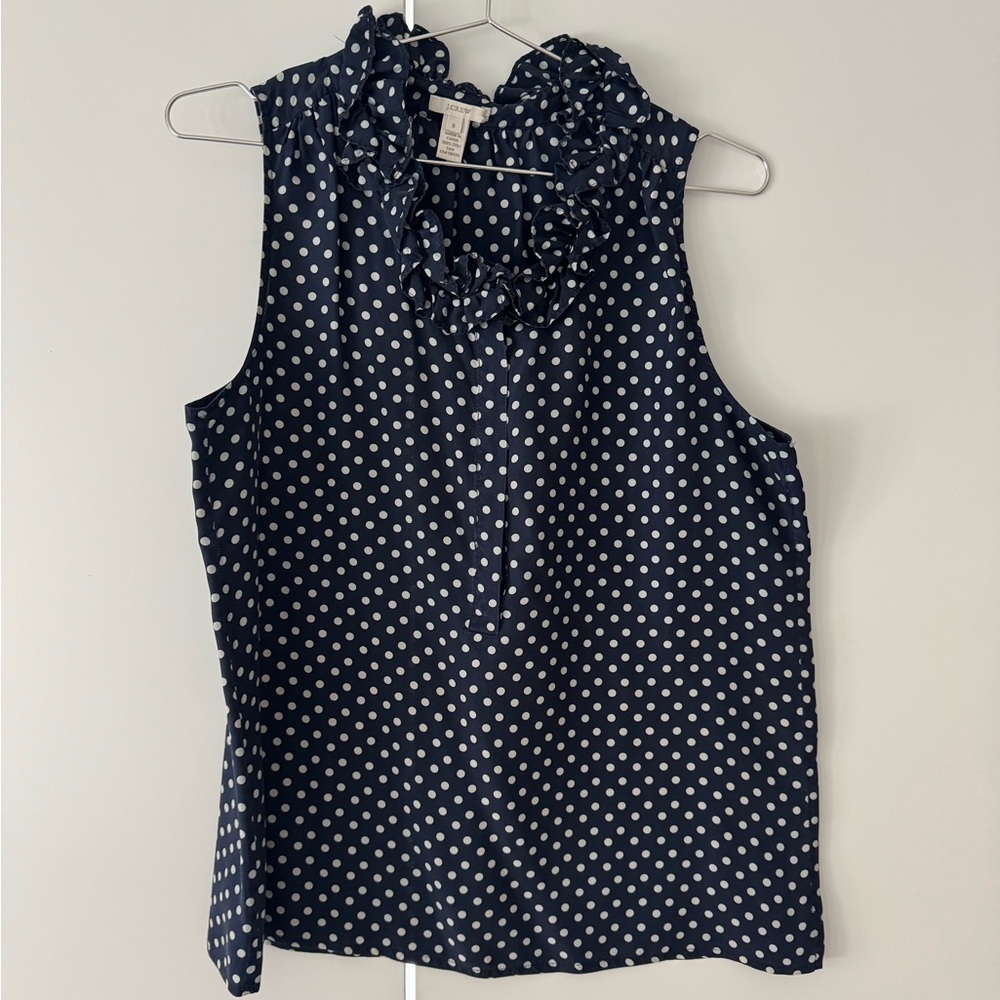 J. Crew Navy and White Sleeveless Polka Dot 100% Silk Size 8 in great condition - Picture 2 of 4